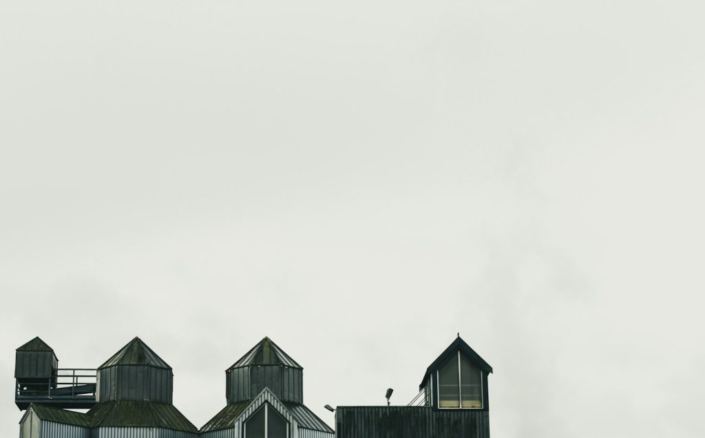 Steel roof frame from below
