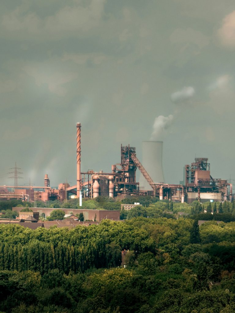Steel plant with stacks